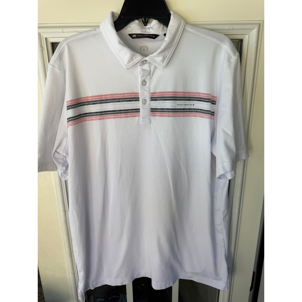 TravisMathew Beach Way Golf Polo white XL Pink/grey striped chest accent club